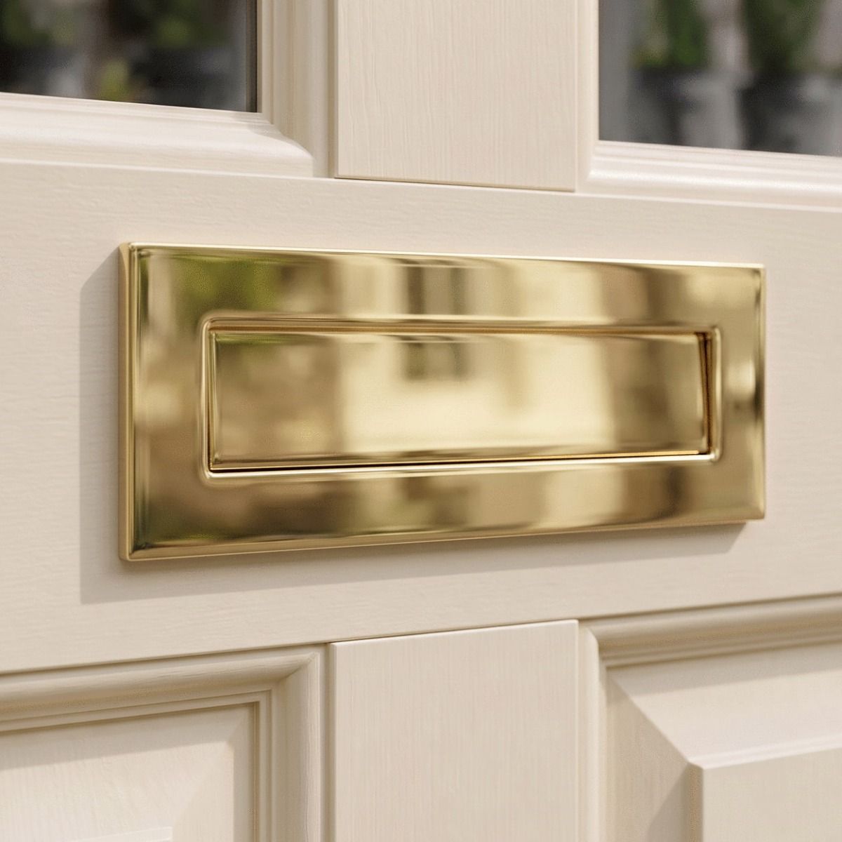 A Polished Brass Large Traditional Letter Plate Fixed to a Sunny Front Door of a Home - Digital Illustration