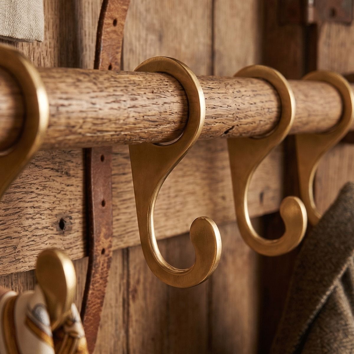 A Set of Round Clothes Rail Hook on a Wooden Rail in a Country Home - Digital Illustration 