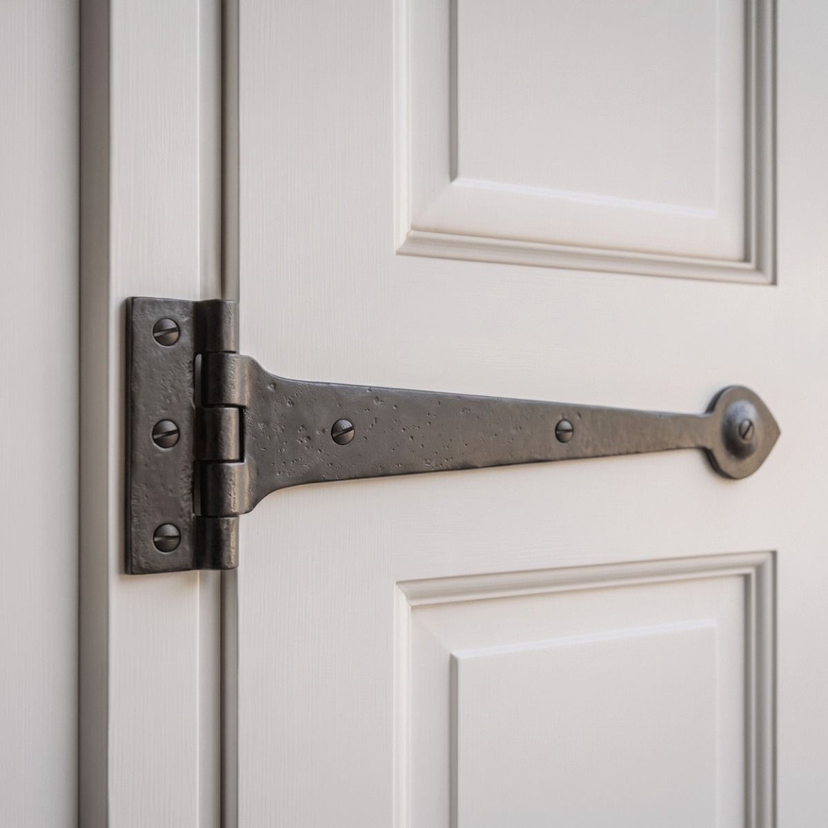 A Smooth Black Wrought Iron Tee Hinge Pair Shown Close up Whilst Mounted on a Bright White Door - Digital Illustration 