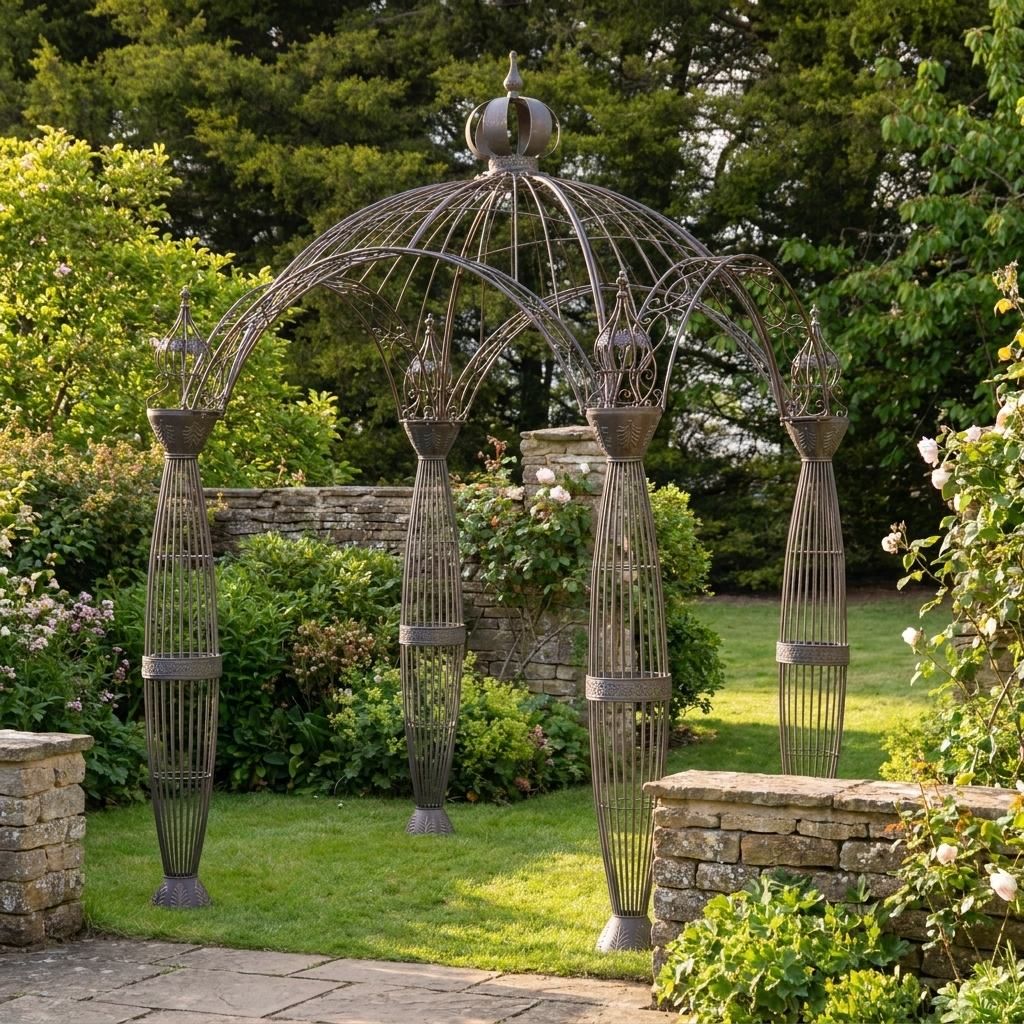A Victorian Domed Metal Garden Gazebo with Decorative Pillar Columns in an Ornate Garden - Digital Illustration 