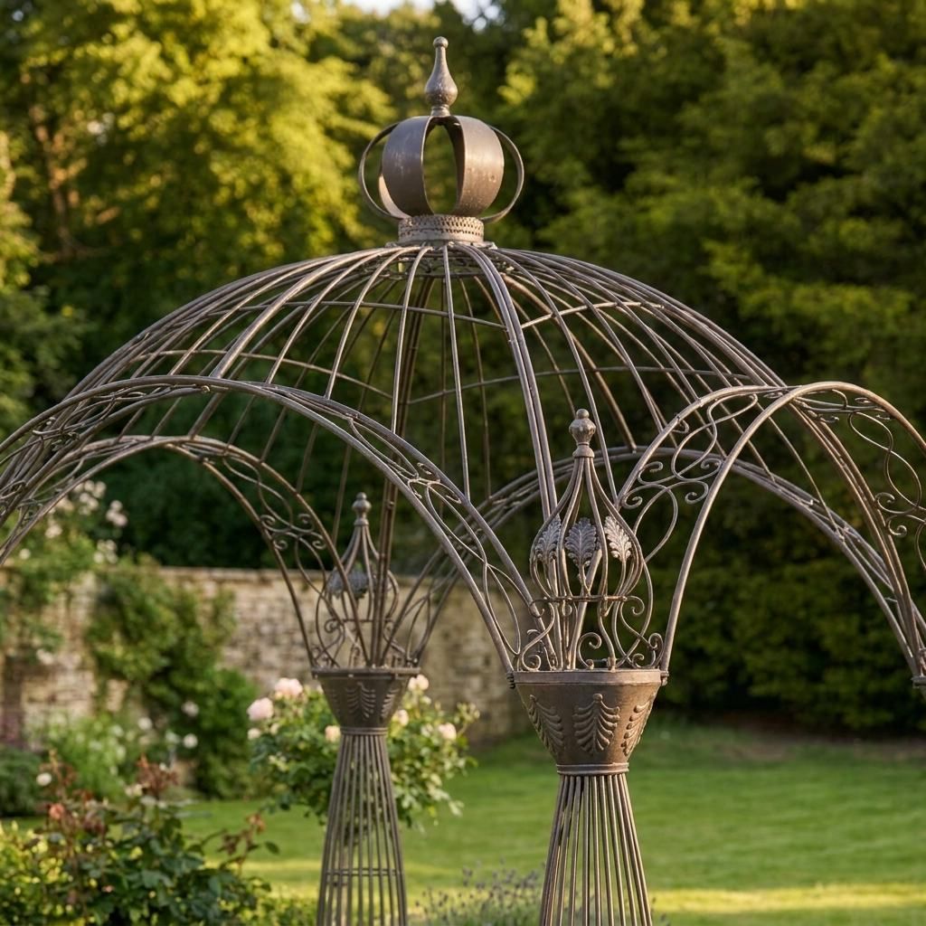 A Victorian Domed Metal Garden Gazebo with Decorative Pillar Columns Looking Closely at the Dome - Digital Illustration 