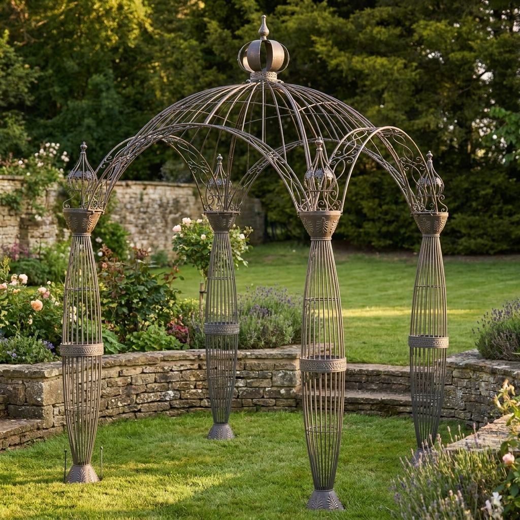A Victorian Domed Metal Garden Gazebo with Decorative Pillar Columns Positioned on a Sunny Garden Lawn - Digital Illustration 
