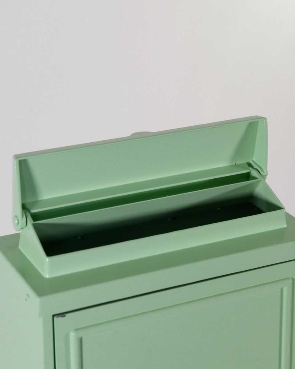A View of the Open Access Plate of the Mint Green "Oxford" Wall Mounted Post Box with Silver Detail
