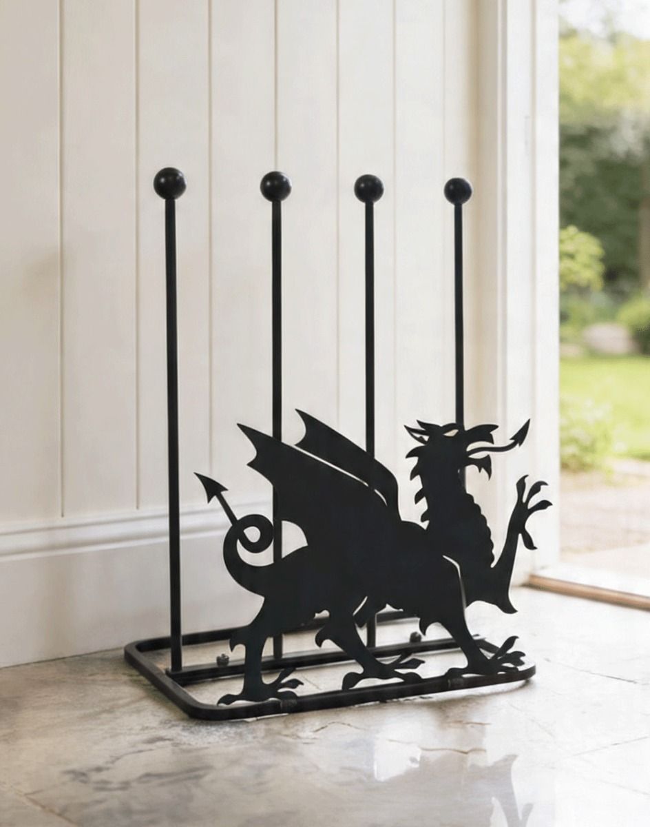 A Welsh Dragon Welly Boot Rack Placed on a Marble Effect Contemporary Garden Porch - Digital Illustration