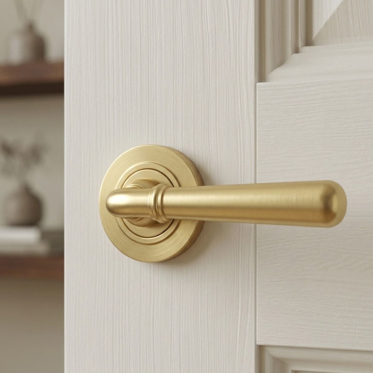 A White Door in a Modern Home Shown with a Modern Satin Brass "Neville" Door Handle on Rose Set Fitted on it - Digital Illustration