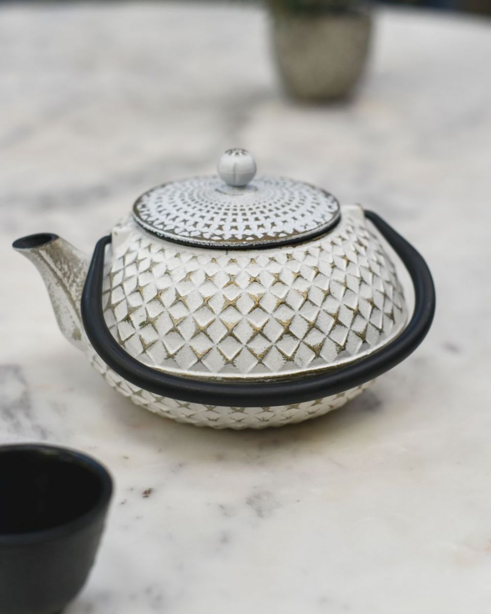 "Agawa" White Finish Cast Iron Japanese Style Teapot side view "Agawa" White Finish Cast Iron Japanese Style Teapot side view