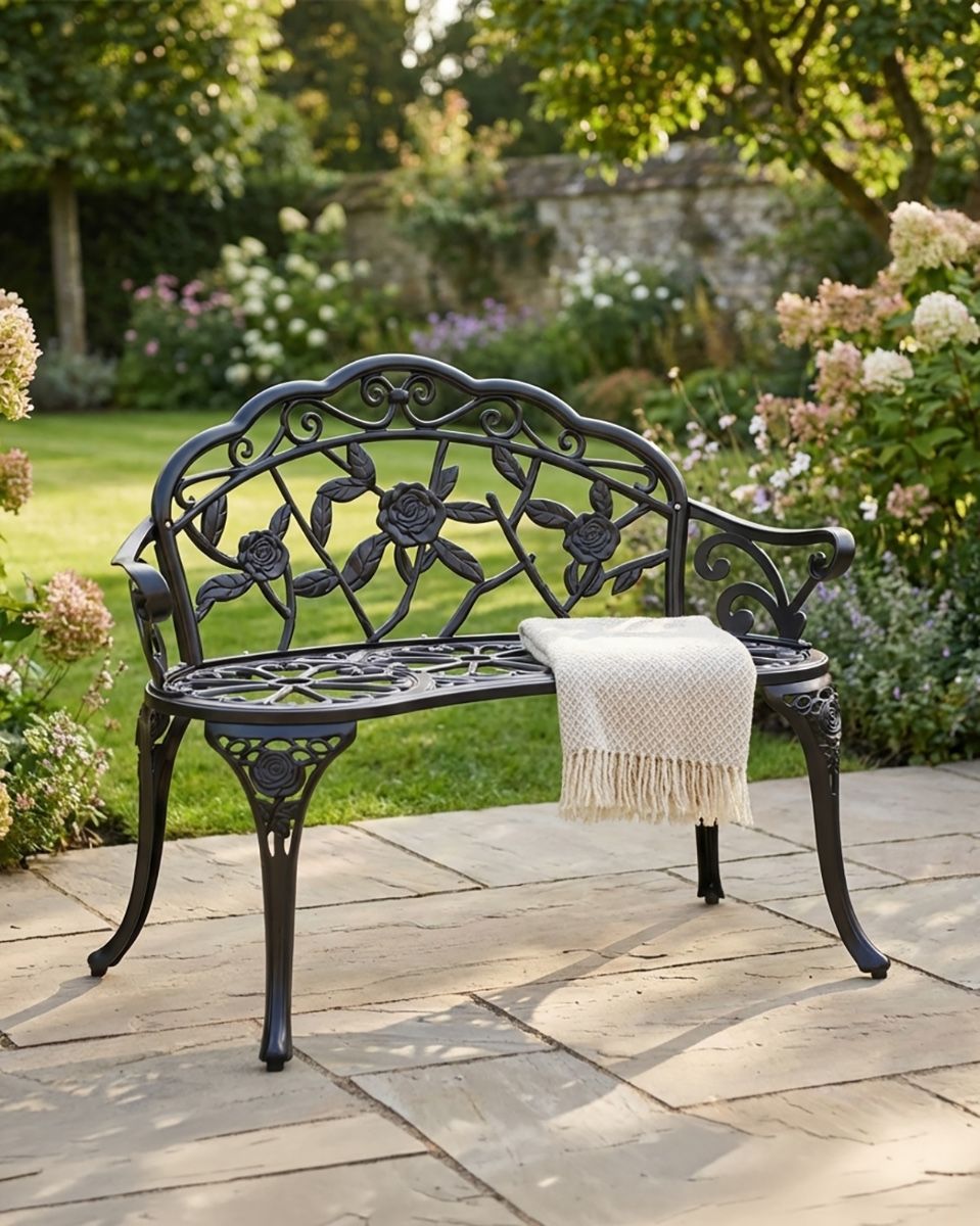 Aged Black "Tri-Floral" Two Seater Garden Bench