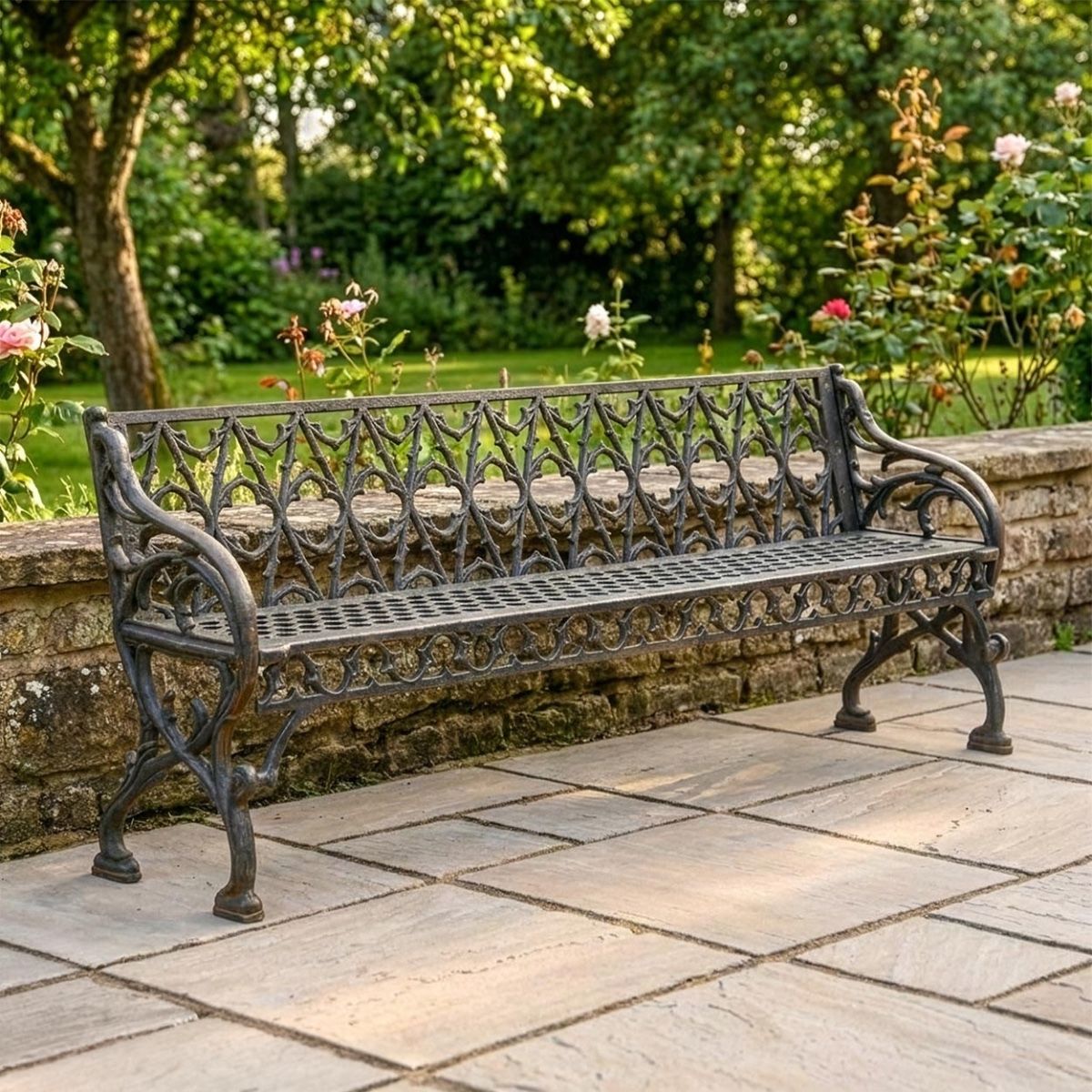 Aged Black Cast Iron Three Seater Bench Digital Illustration