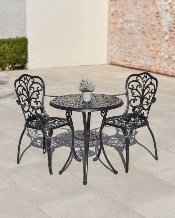 Aged Black "Harlington" Two Seater Garden Table & Chair Set