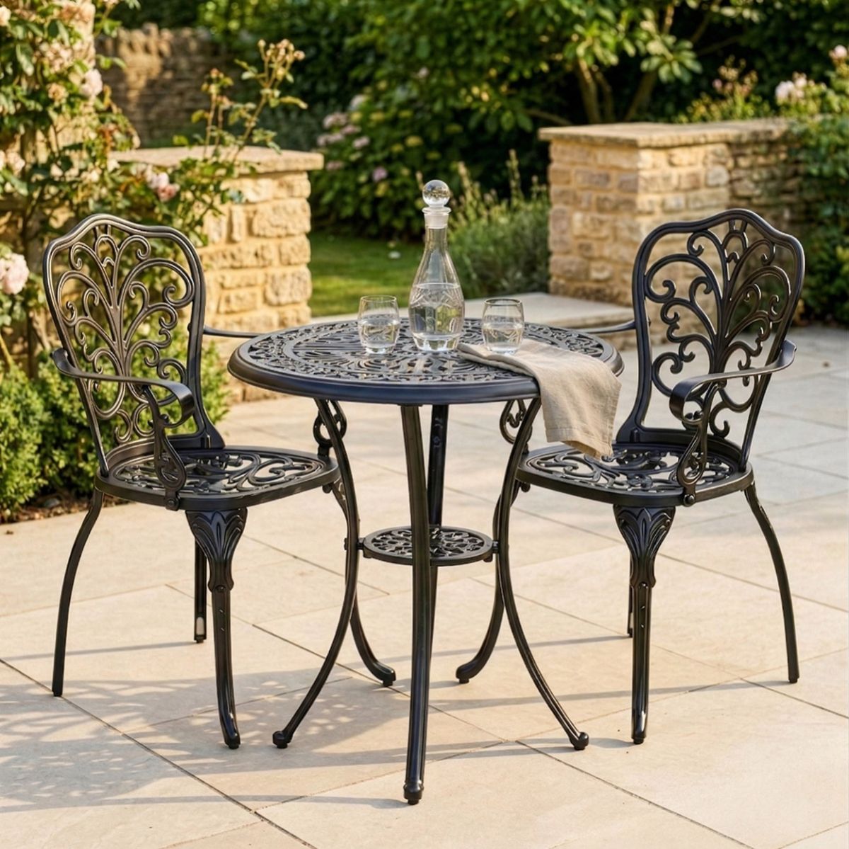 Aged Black "Harlington" Two Seater Garden Table & Chair Set digital illustration dressed table