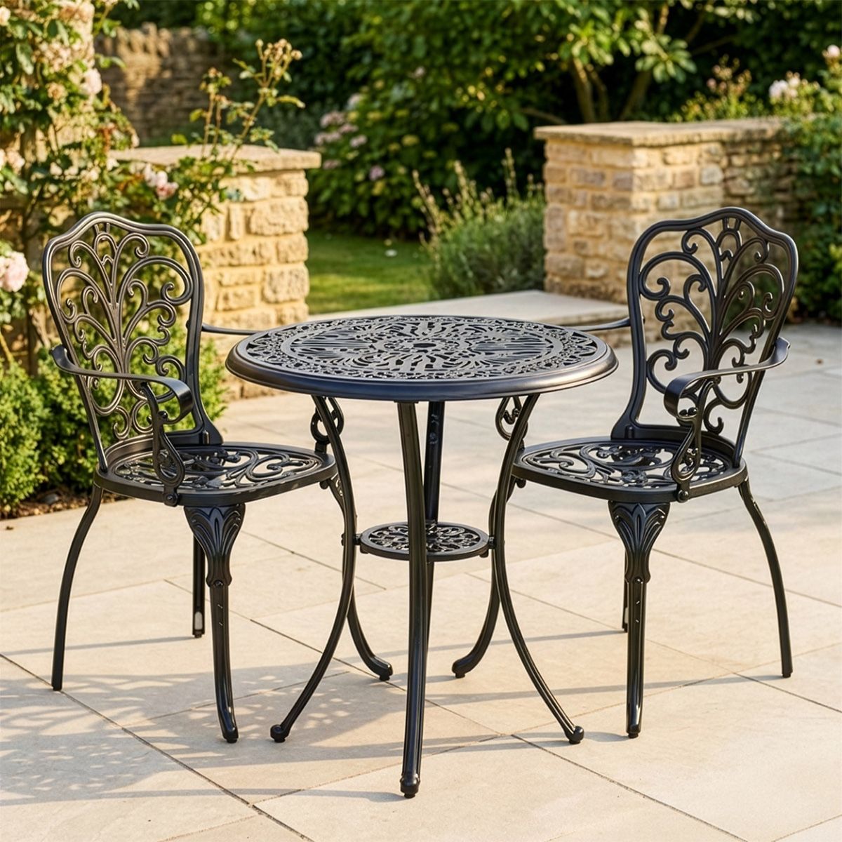 Aged Black "Harlington" Two Seater Garden Table & Chair Set digital illustration new