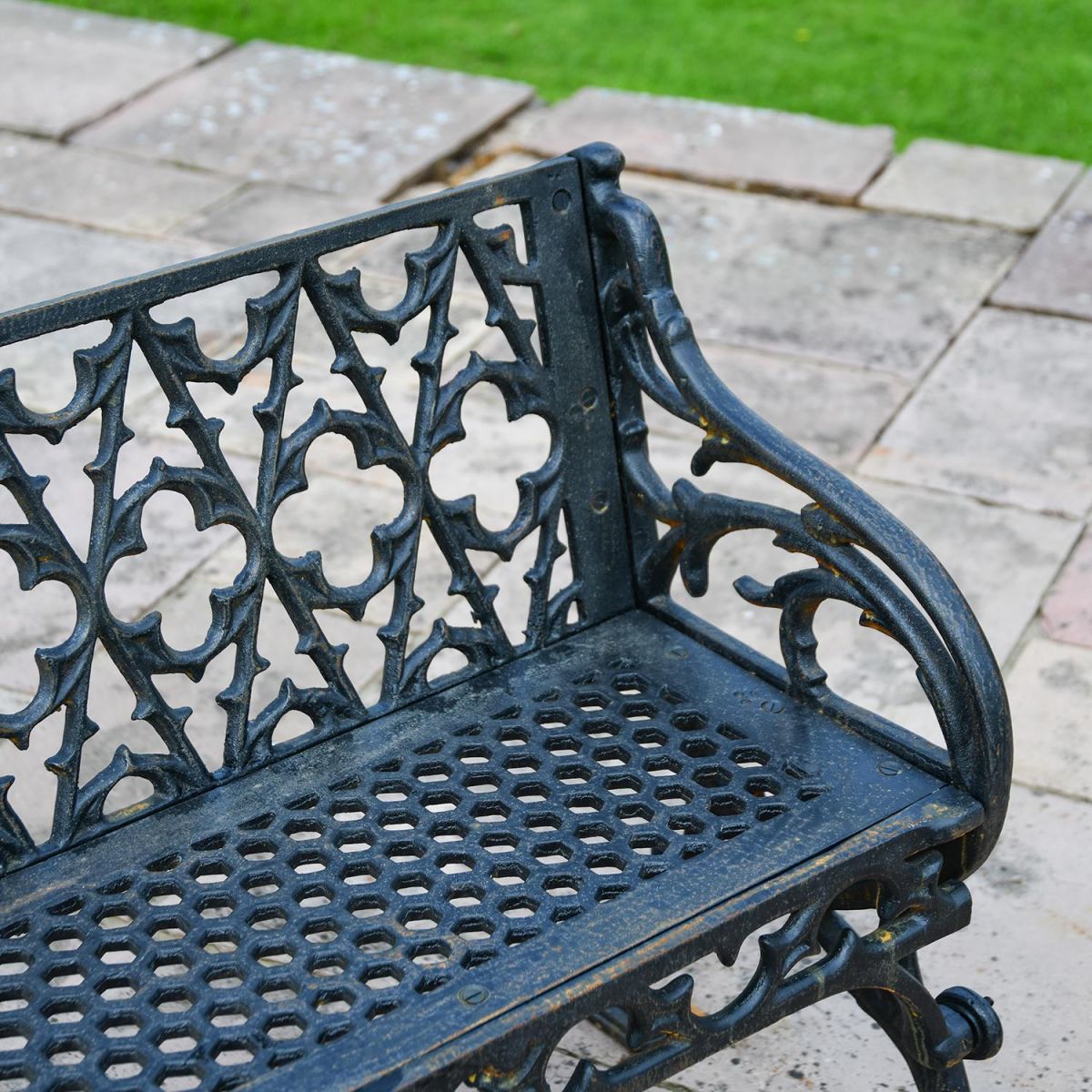 View From Above of the Aged Black "Quatrefoil" Victorian Cast Iron Two Seat Bench View From Above of the Aged Black "Quatrefoil" Victorian Cast Iron Two Seat Bench