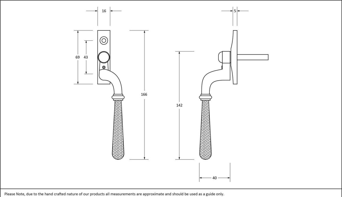 Polished Nickel Hammered Espag Window Handle - Left Handed Dimensions Polished Nickel Hammered Espag Window Handle - Left Handed Dimensions