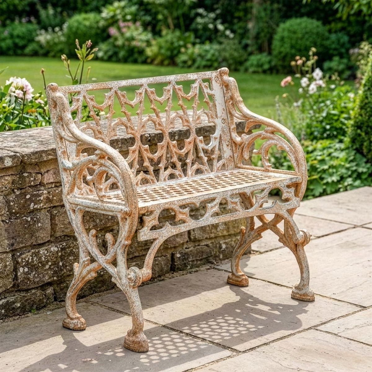 Aged Cream "Quatrefoil" Victorian Cast Iron One Seat Bench in Situ in the Garden Digital Illustration 