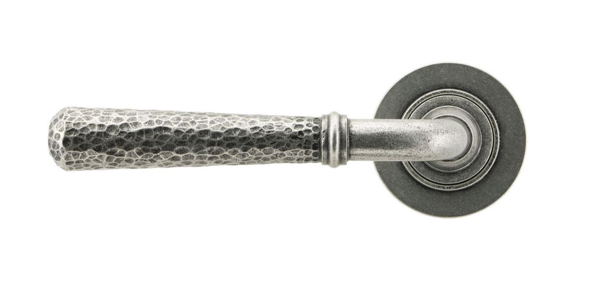 Aged Pewter Hammered Unsprung Lever Door Handle on Rose Front Aged Pewter Hammered Unsprung Lever Door Handle on Rose Front