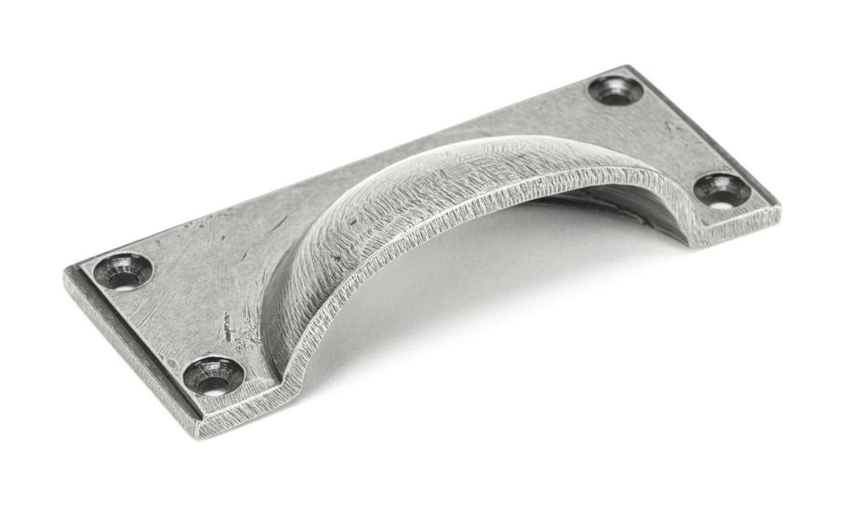 Aged Pewter Rectangular Drawer Pull with Curved Handle Close Up