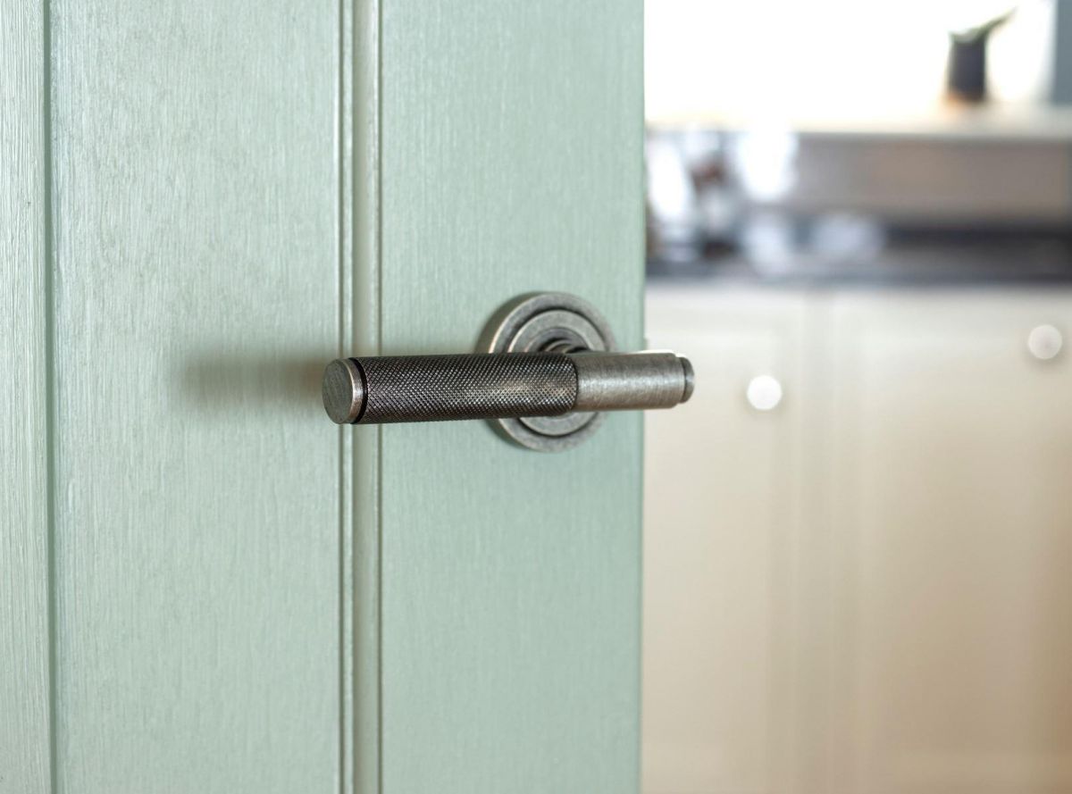 Aged Pewter Textured Unsprung Lever Door Handle on Art Deco Rose on Door