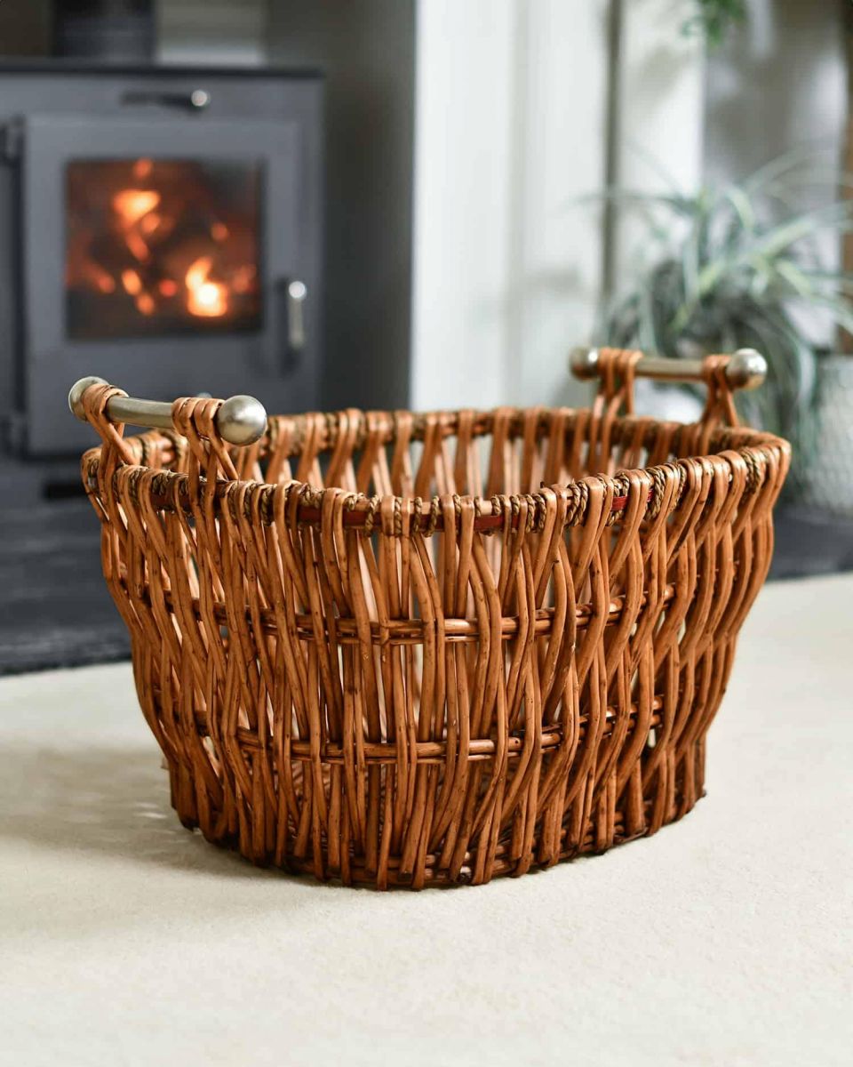 Empty Aged Wicker Log Basket with Metal Handles 