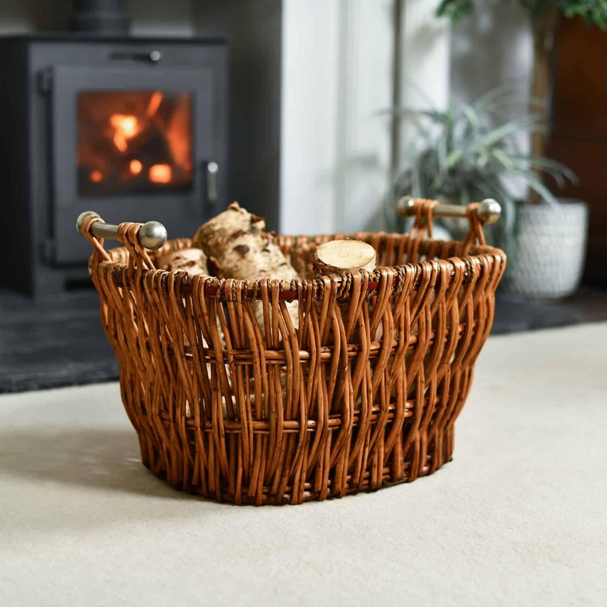 Aged Wicker Log Basket with Metal Handles 