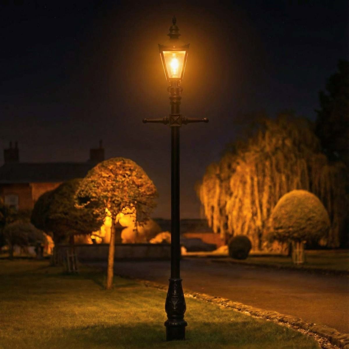 Ai Illustration of the Black Harrogate Lamp Post Set Illuminated at Night