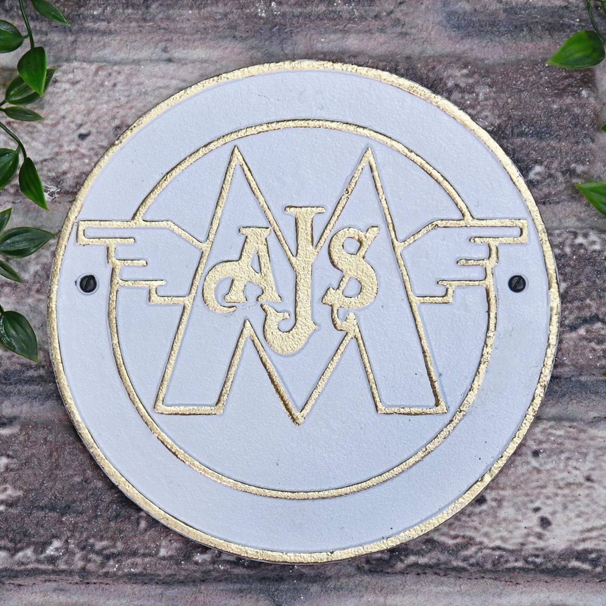 AJS Motorcycles Cast Iron Automobilia Reproduction Sign in Situ on Brick Wall