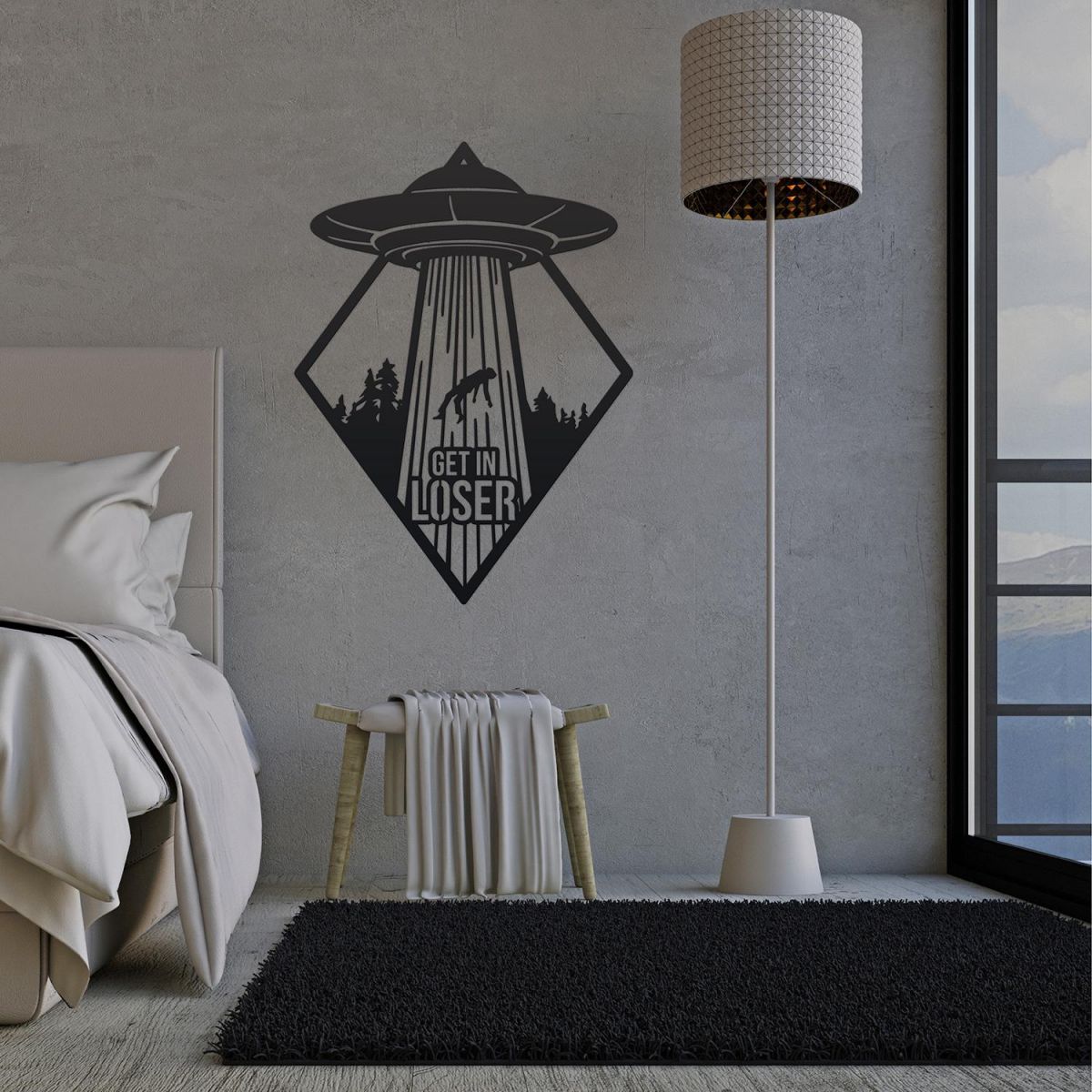 "Get in Loser" Alien Wall Art in Situ in the Bedroom