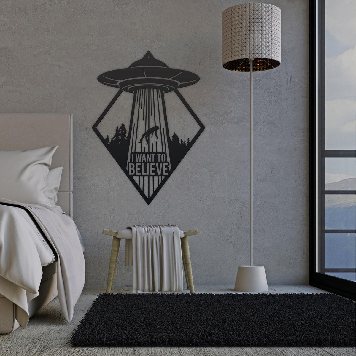"I Want to Believe"Alien Wall Art in Situ in the Bedroom