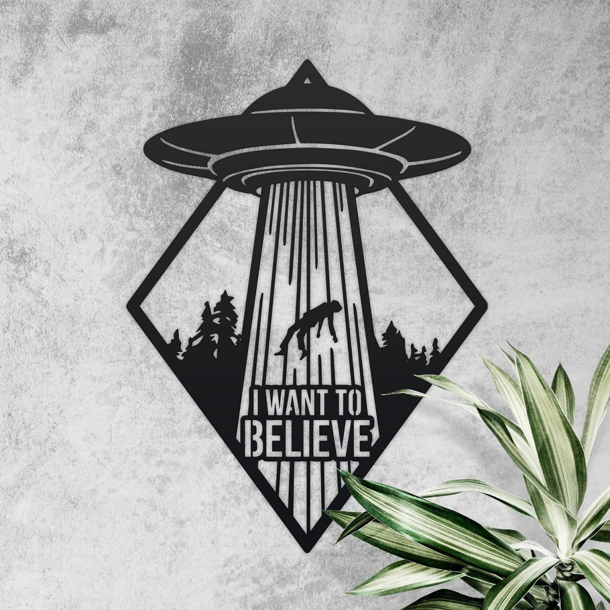 "I Want to Believe" Alien Wall Art on a Rustic Wall