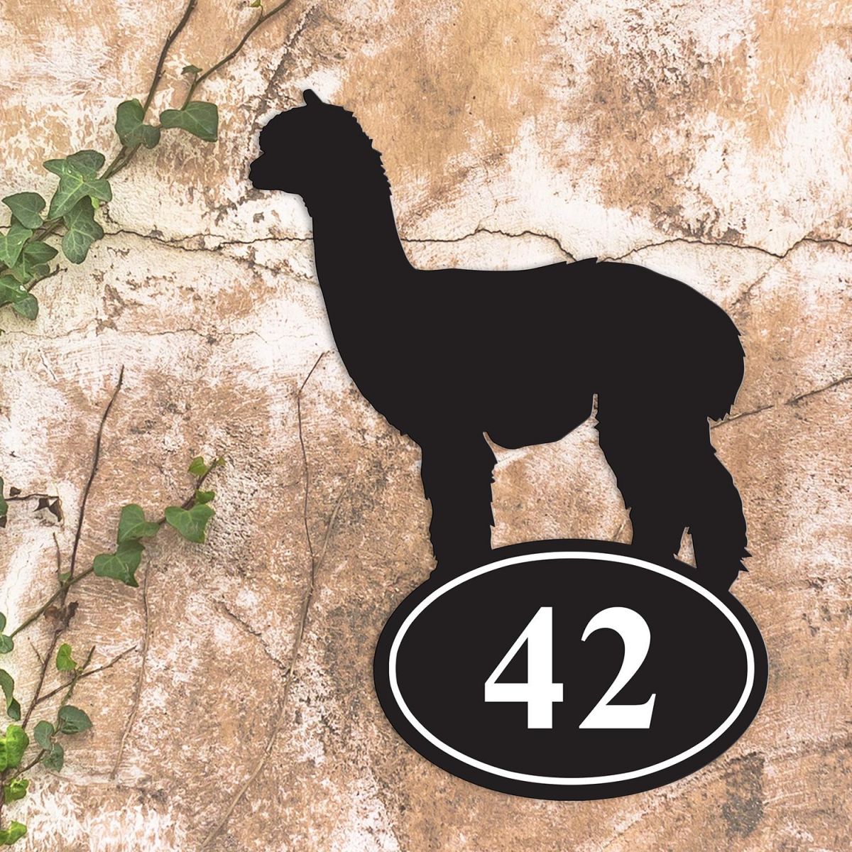 Alpaca Iron House Number Sign in Situ a Rustic Wall