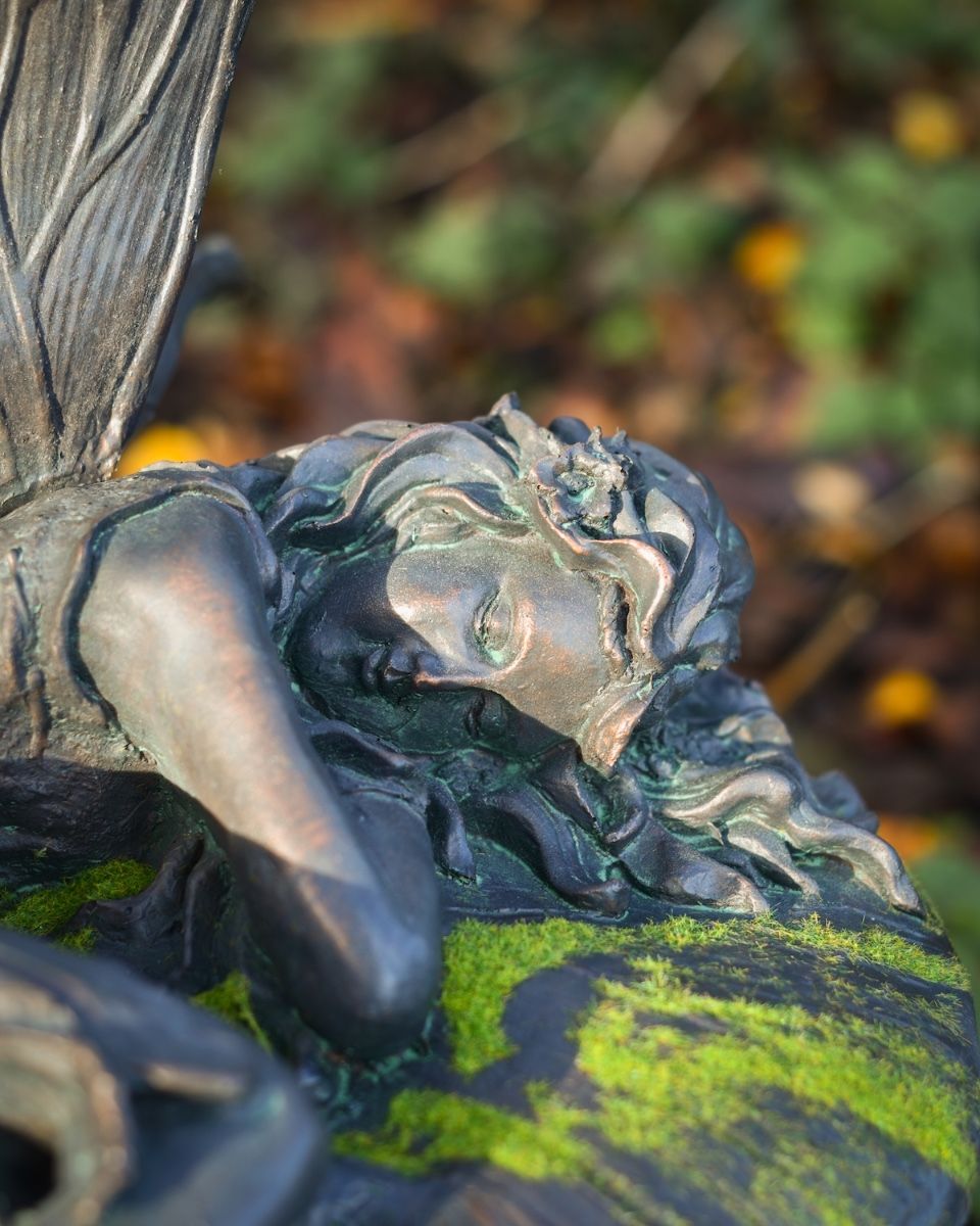 amanita the slumbering resin fairy garden sculpture close up headshot