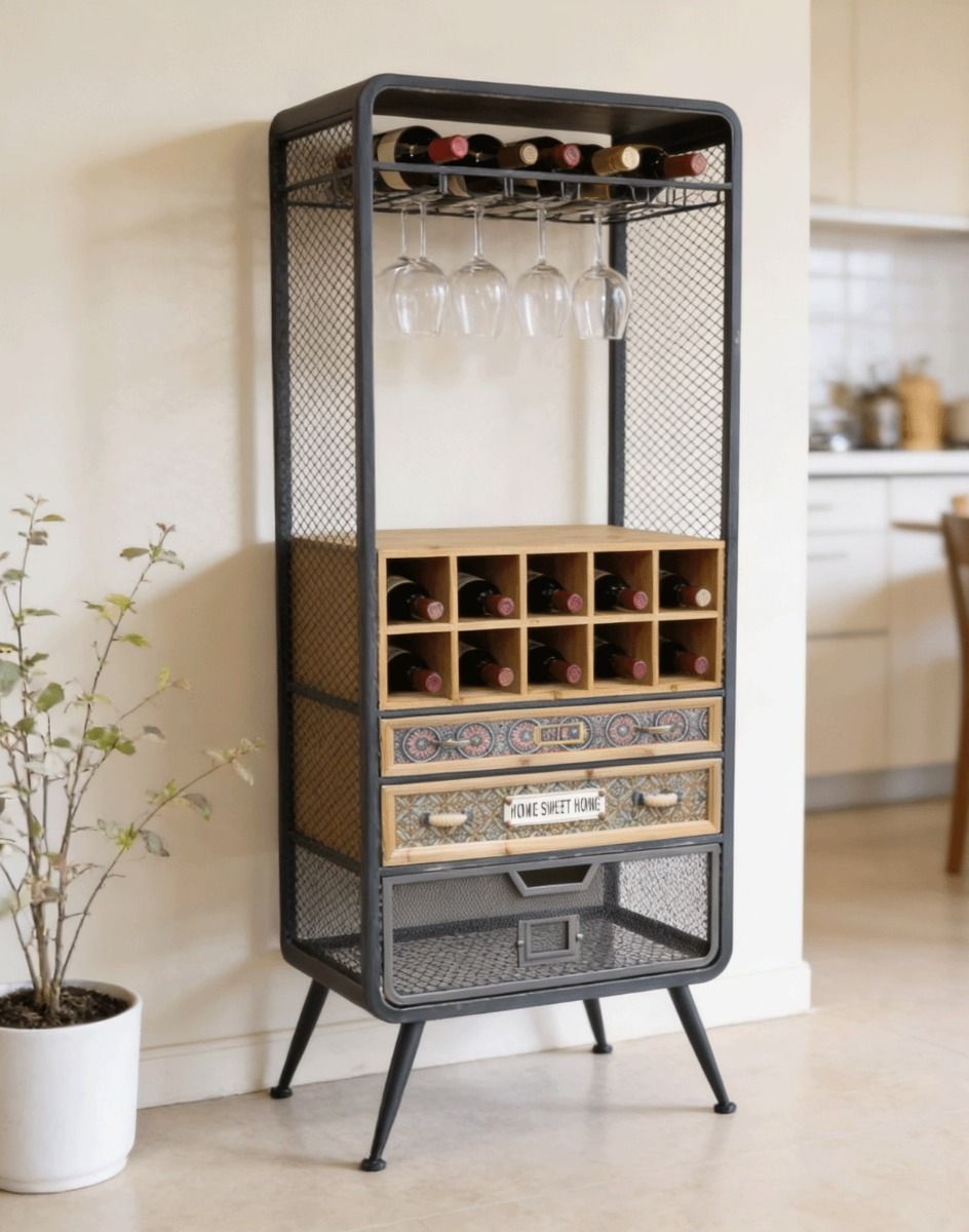 An Industrial Wine Cabinet Displayed with Wine Bottles and hanging Wine Glasses in a Contemporary Home Interior - Digital Illustration