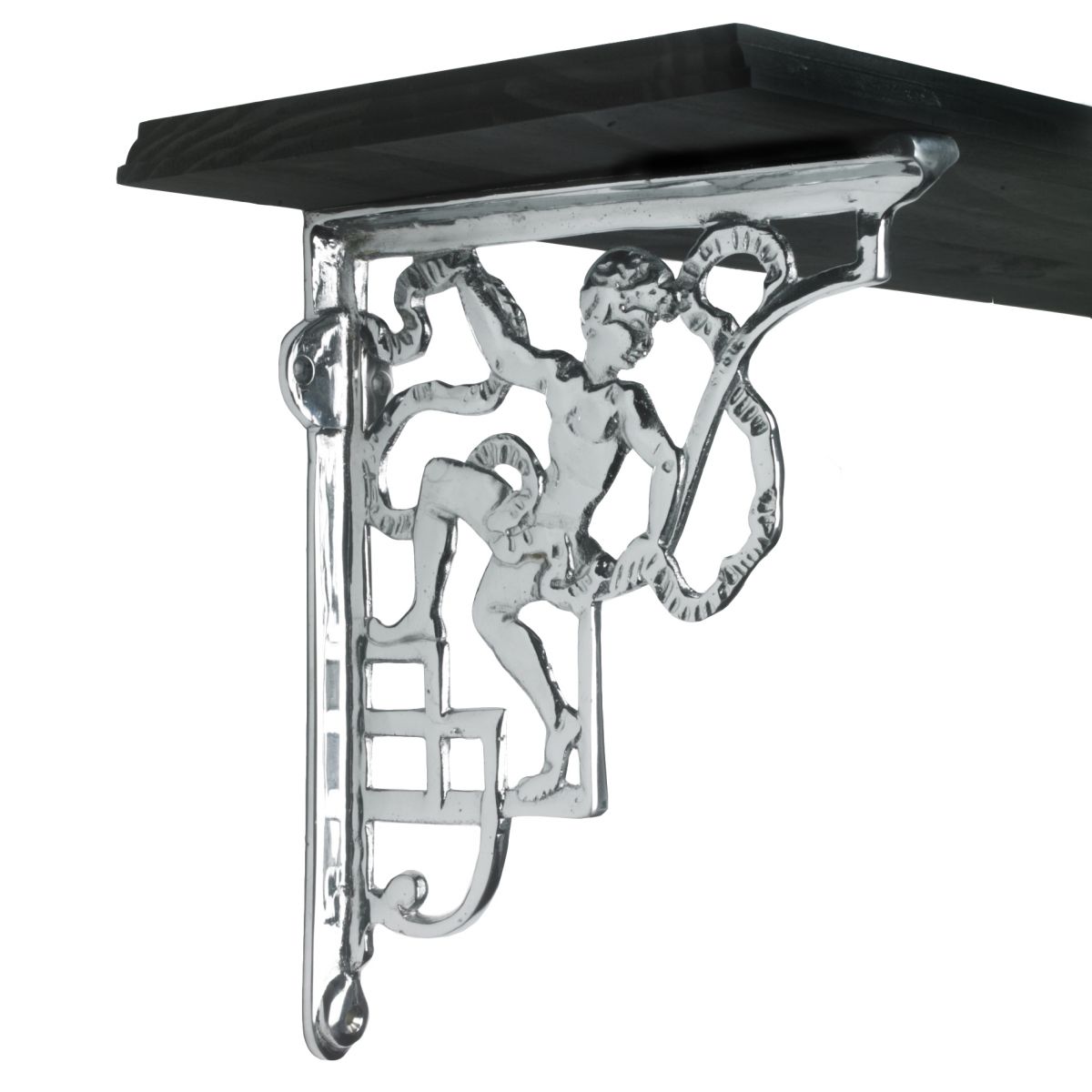 Bright chrome cherub wall bracket supporting black shelf Bright chrome cherub wall bracket supporting black shelf
