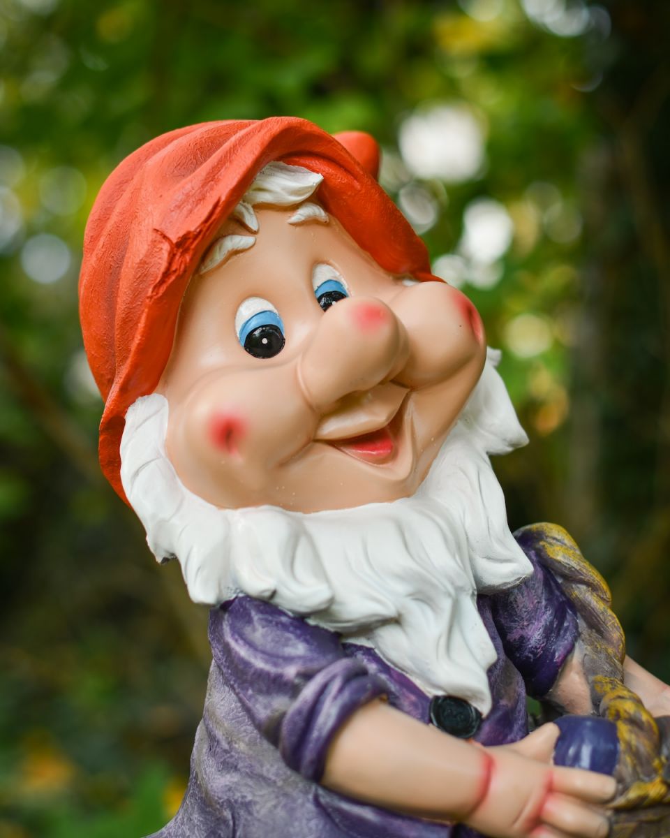 Close up of intricate face detail on colourful garden gnome ornament