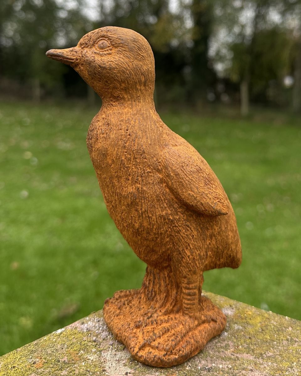 Angled view of rustic finish duckling garden sculpture