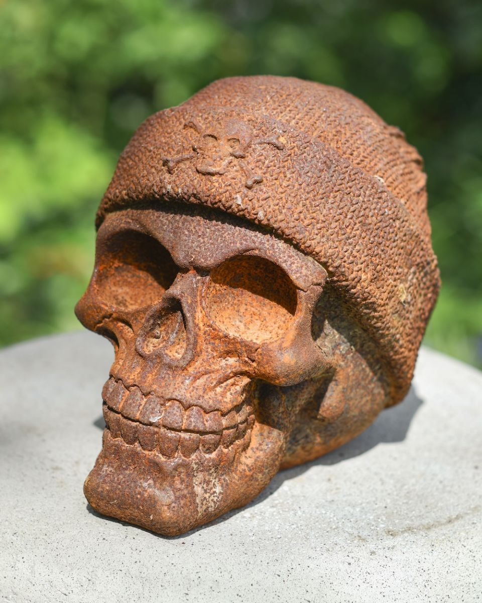 Close up of cast iron skull garden sculpture