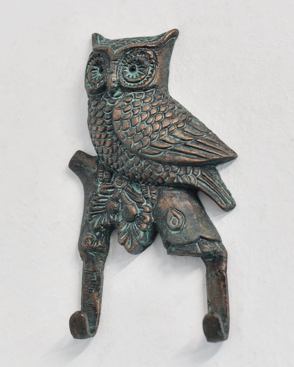 Angled close up of intricate detail on owl coat hooks