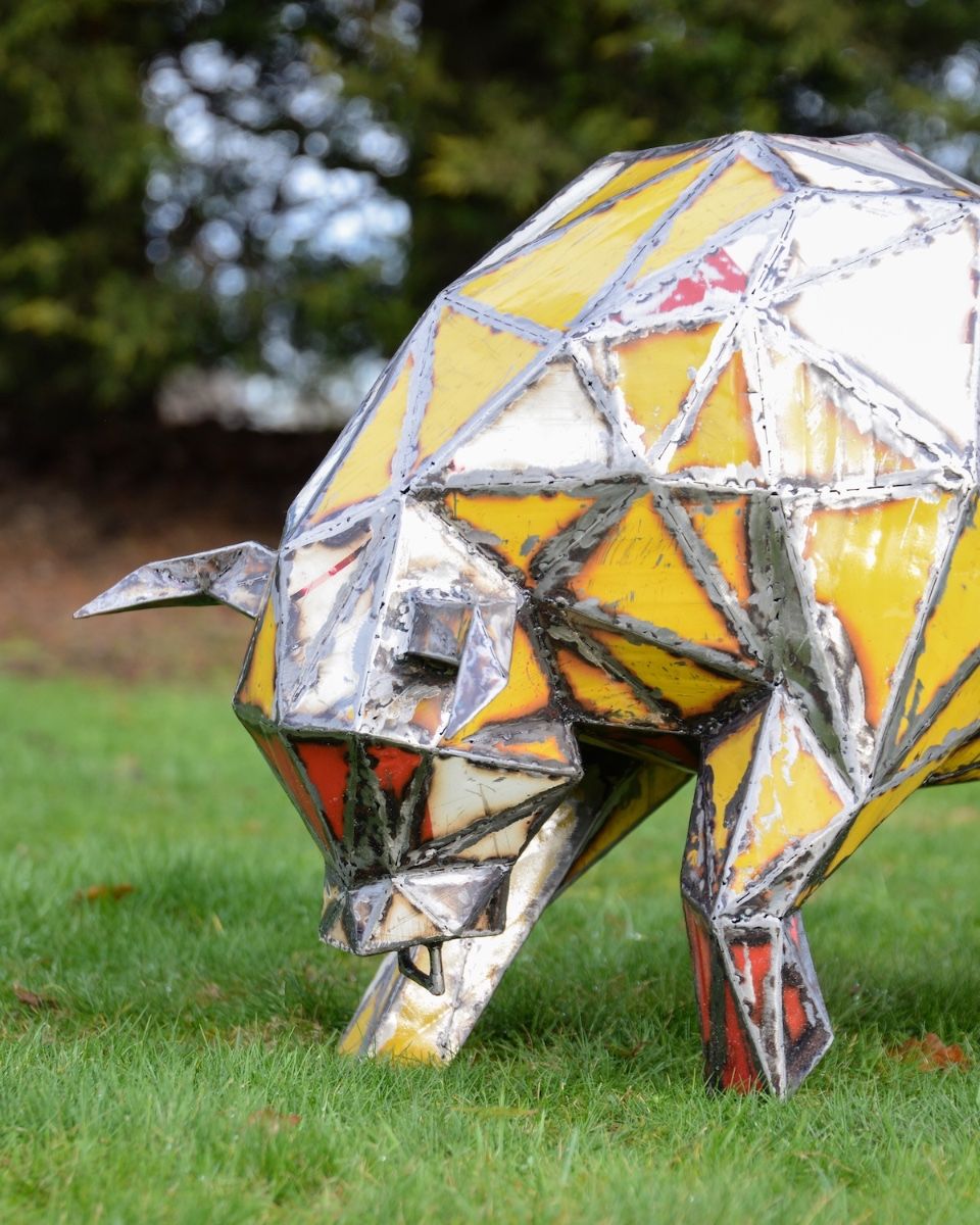 ‘Toro’ the Bull Upcycled Oil Drum Garden Sculpture close up of head including nosering and horns