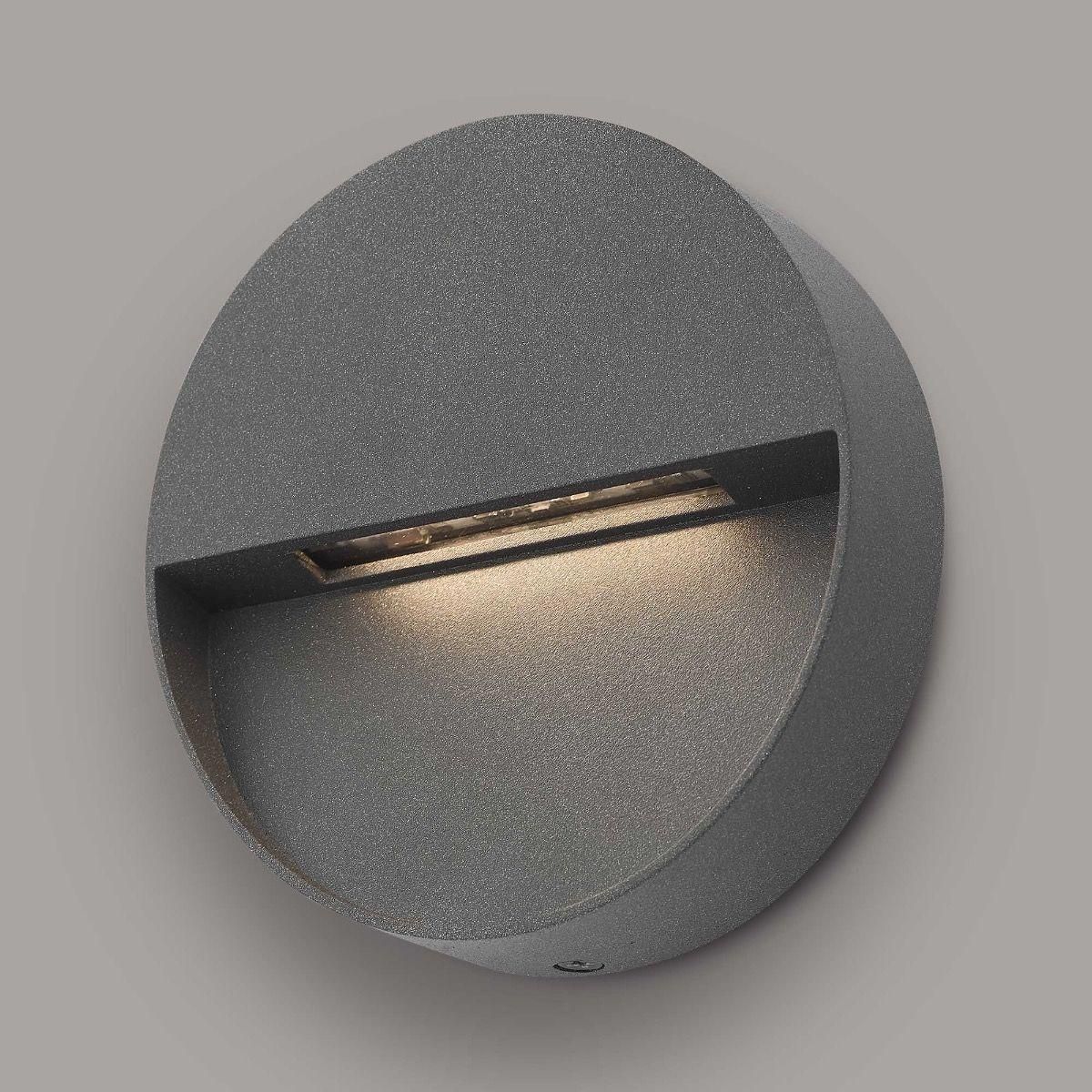 Round Eye-Lid Style Wall Light in Situ on a Grey Wall