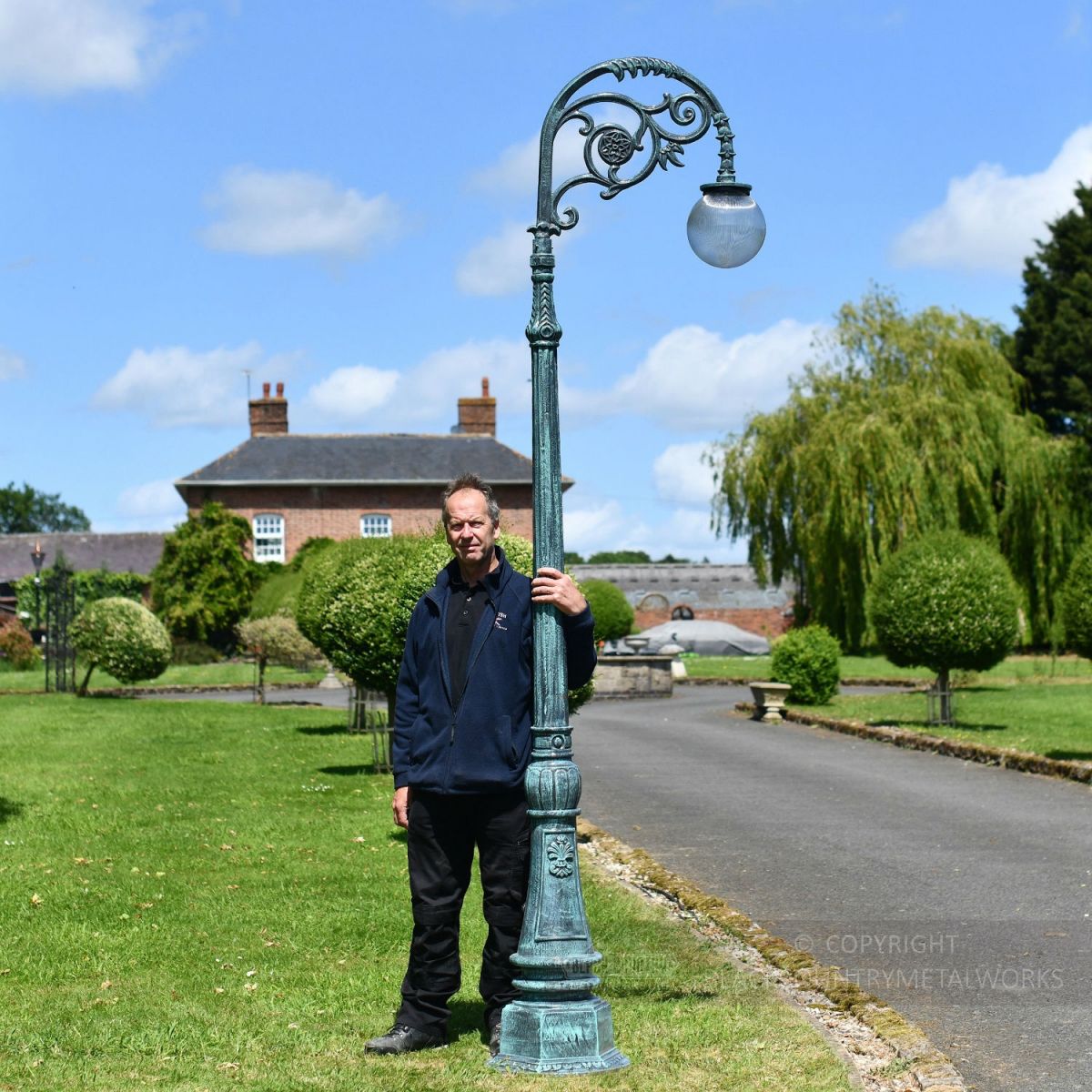 Antique Blue Ornate Cast Iron Globe Lamp Post Scale Shot