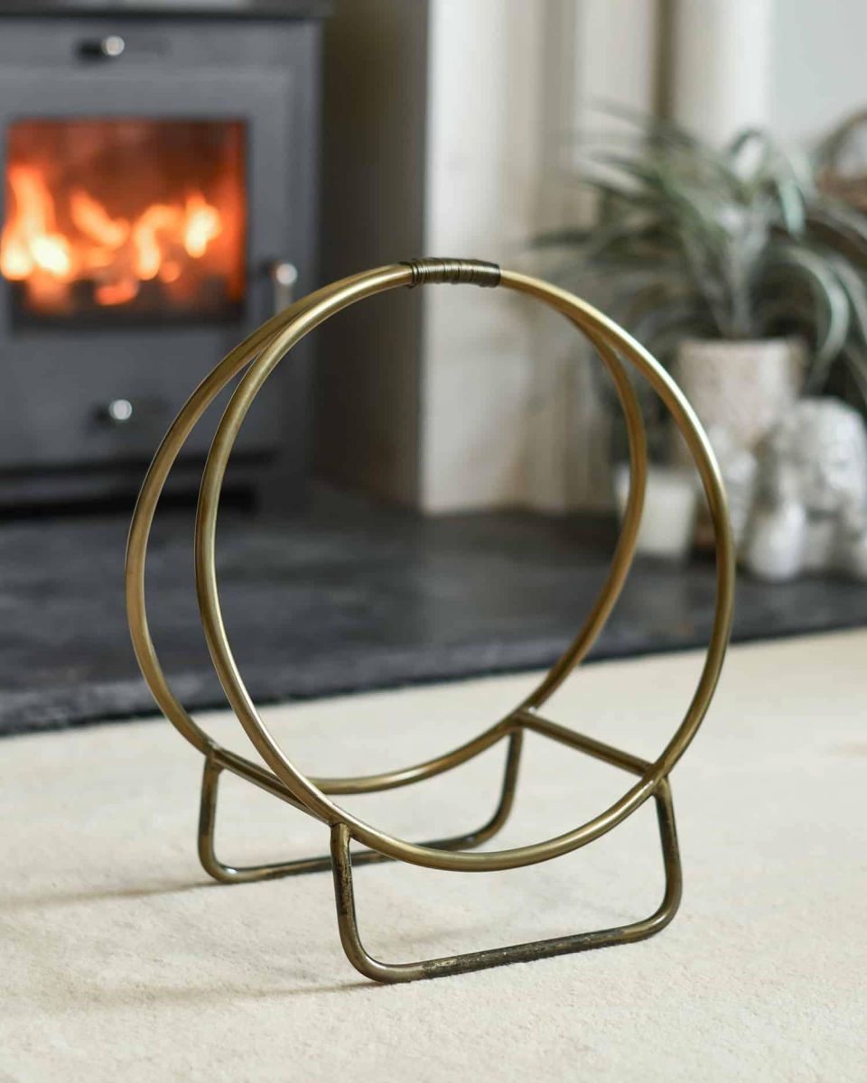 Antique Brass Contemporary Circular Log Rack & Holder With Handle - 45cm Without Logs