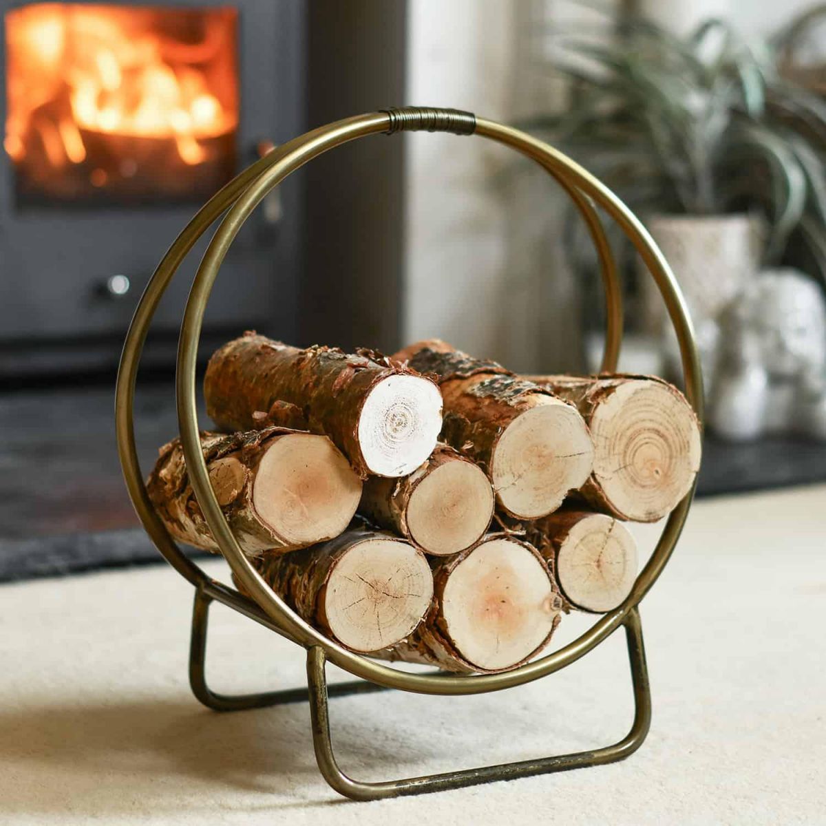 Antique Brass Contemporary Circular Log Rack & Holder With Handle - 45cm