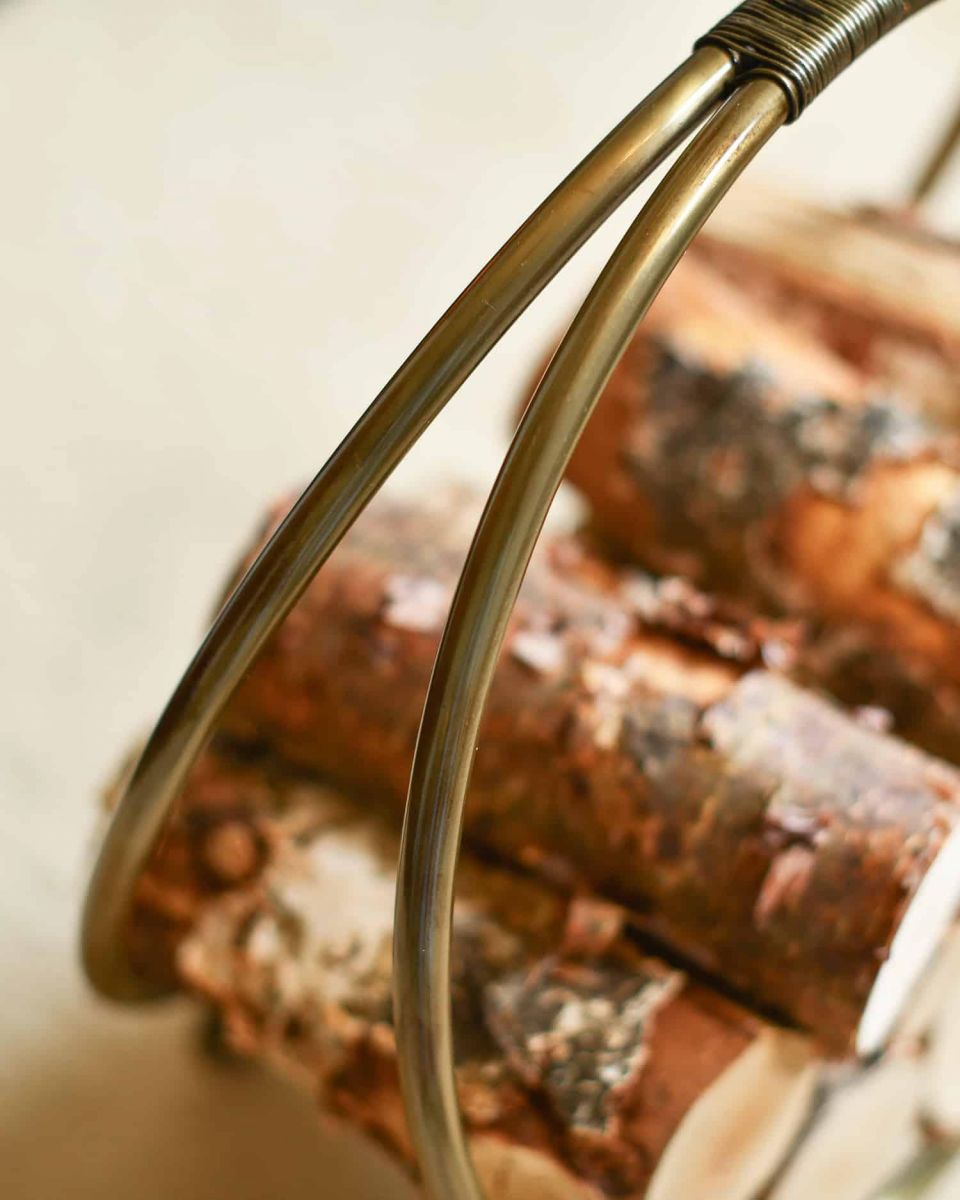 Close-Up of 45cm Antique Brass Contemporary Circular Log Rack & Holder With Handle