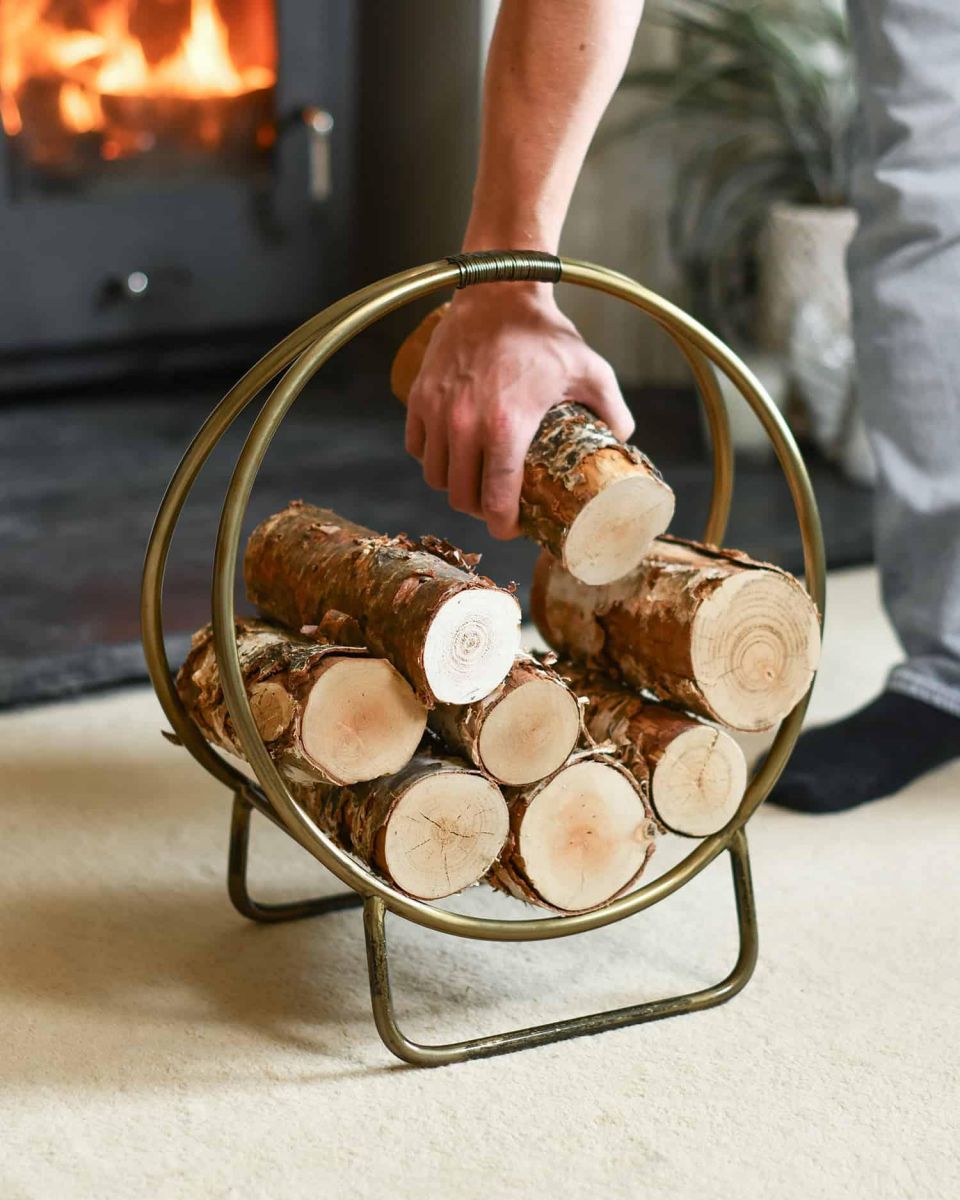 Scale Shot of Antique Brass Contemporary Circular Log Rack & Holder With Handle - 45cm
