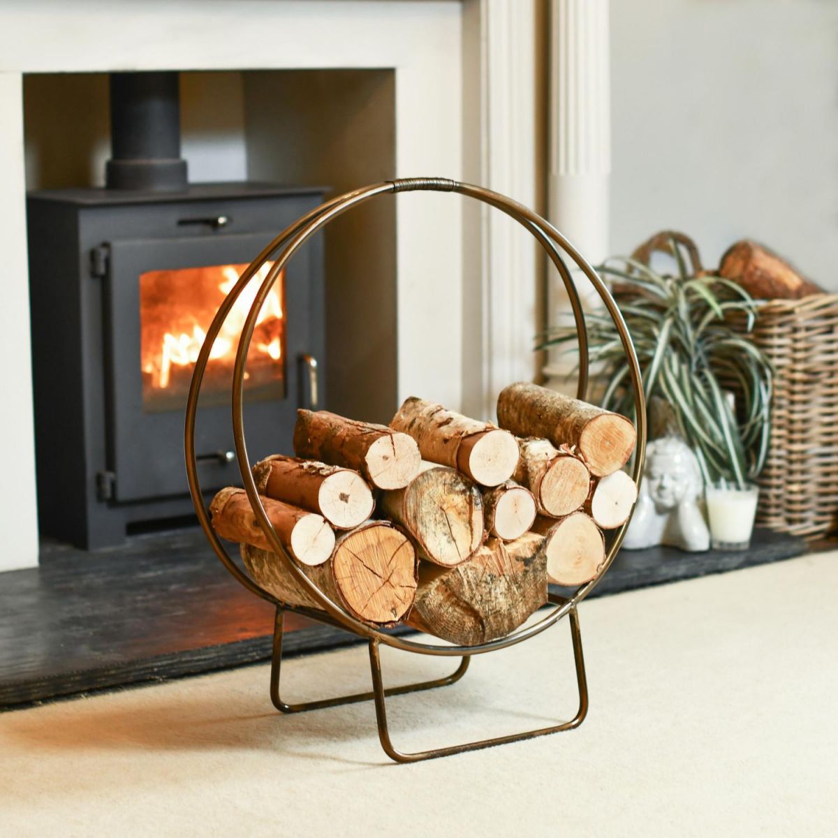 Antique Brass Contemporary Circular Log Rack & Holder With Handle In Situ Antique Brass Contemporary Circular Log Rack & Holder With Handle In Situ