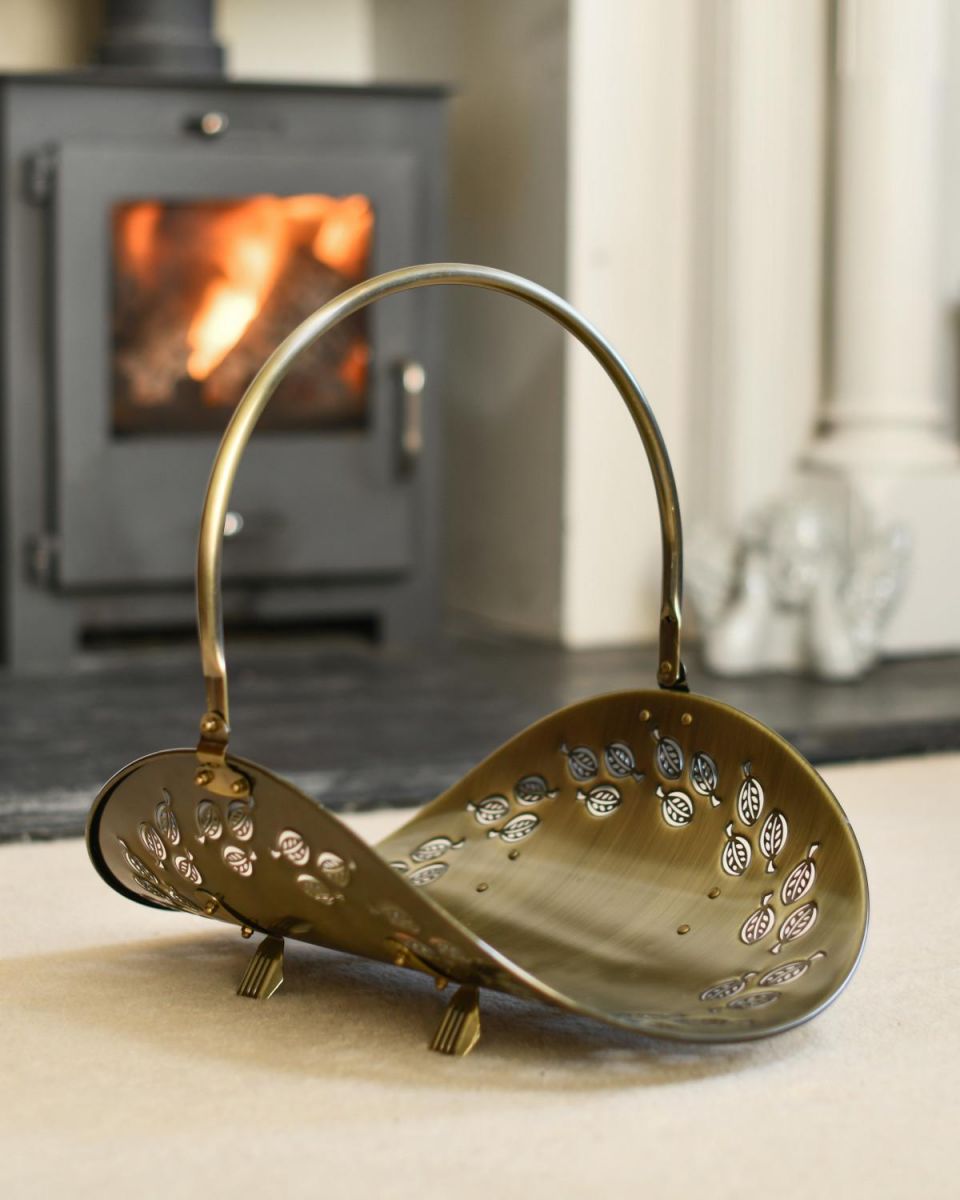 Situ Shot of Antique Brass Curved Log Rack & Holder With Handle