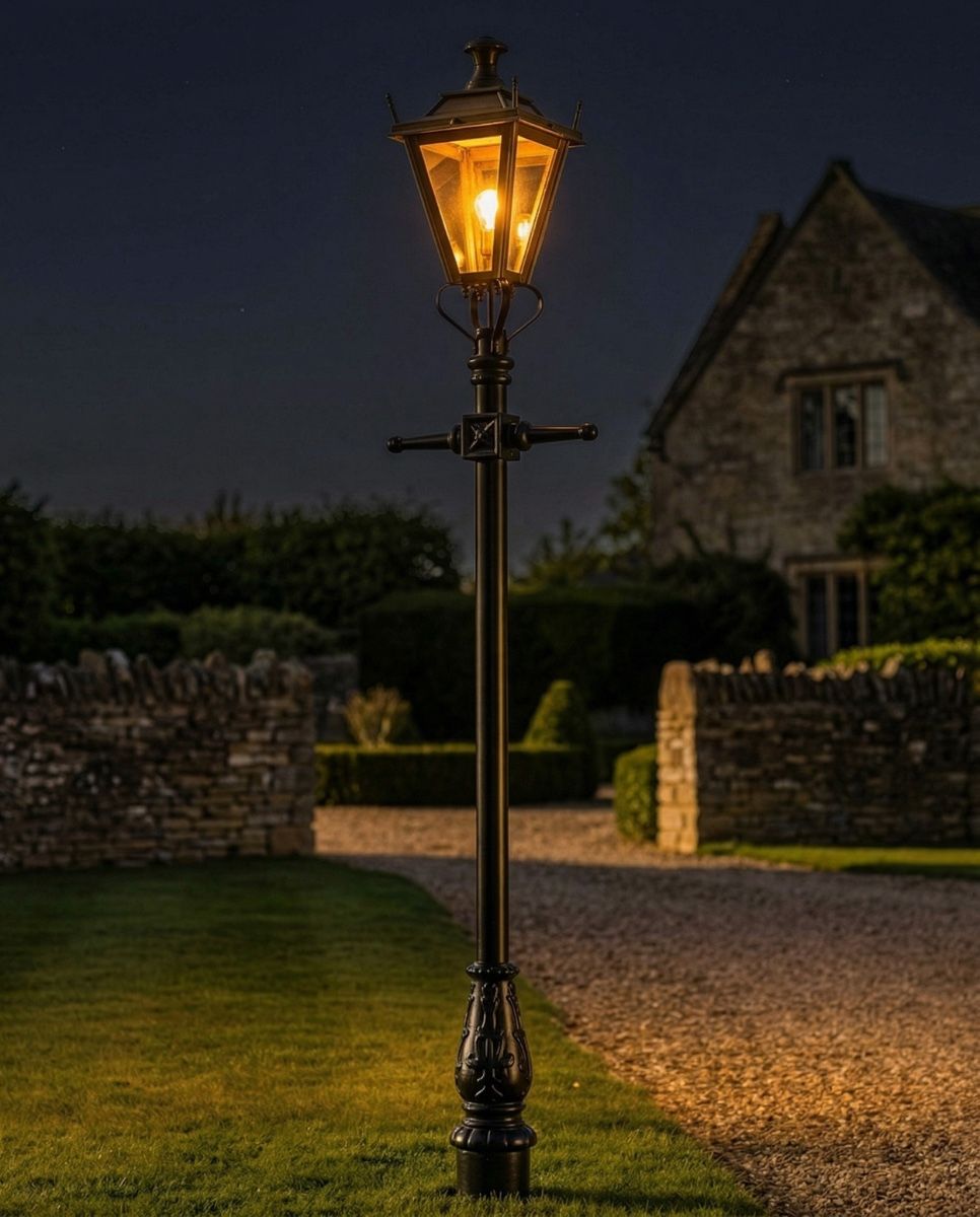 Antique Brass Dorchester Lamp Post & Lantern Set 2.3m digital illustration at night