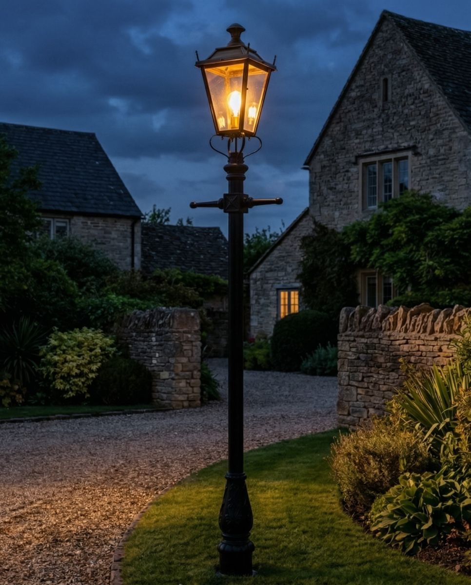 Antique Brass Dorchester Lamp Post & Lantern Set 2.7m digital illustration at night