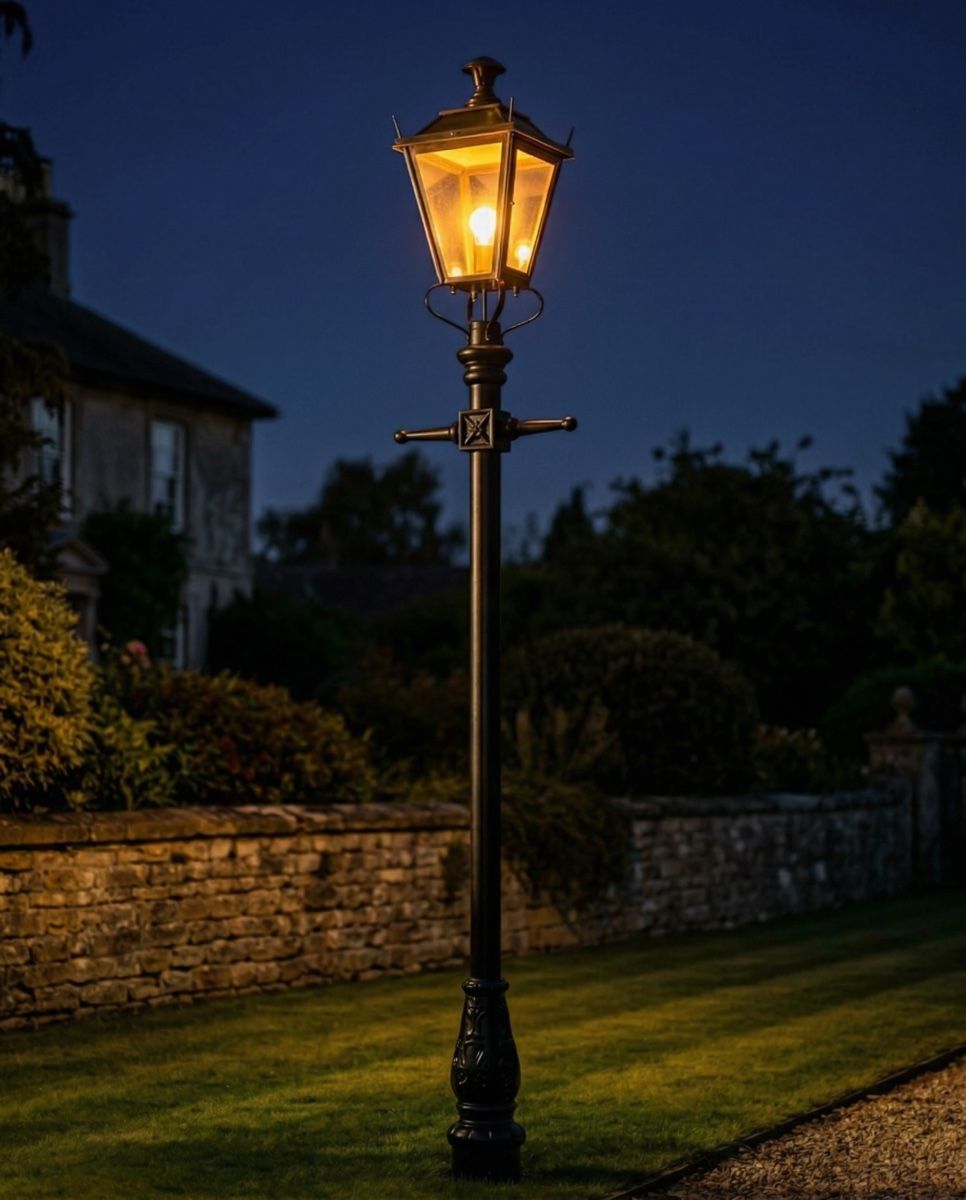Antique Brass Dorchester Lamp Post & Lantern Set 3.25m digital illustration at night
