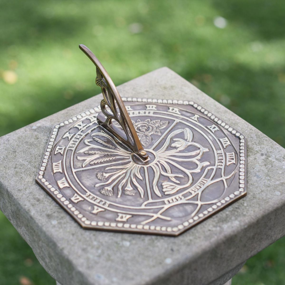 Antique Brass "Flower" Hexagonal Sundial - 225mm 