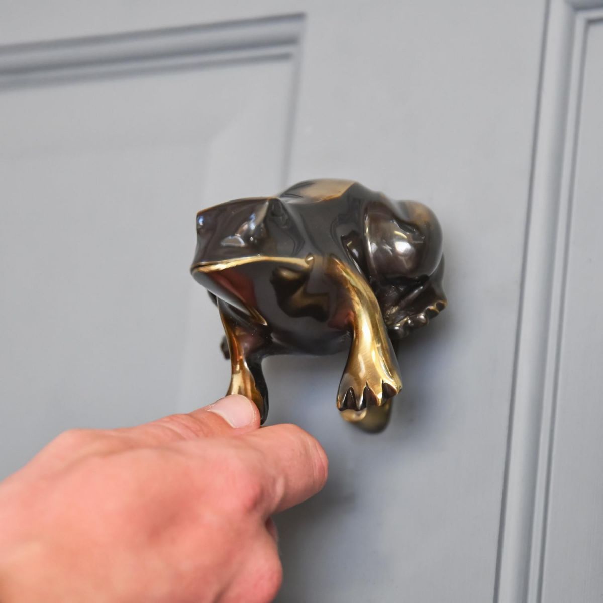 Scale Shot of Antique Brass Frog Door Knocker